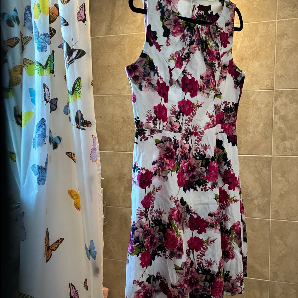 Sleeveless White Midi Dress with Pink Floral Print
